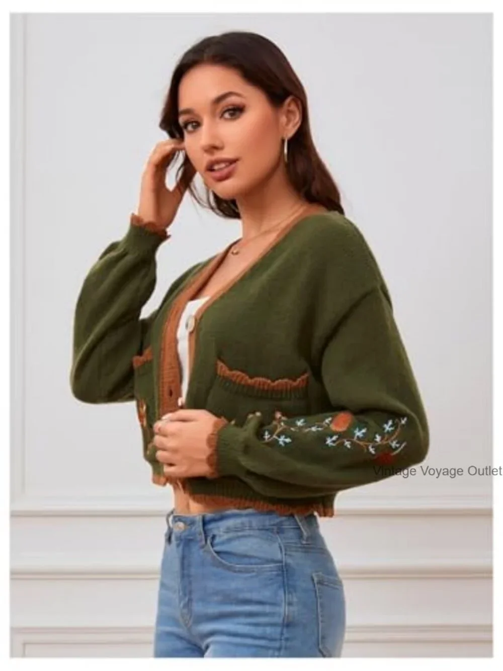 Embroidered Floral Cropped Cardigan V-Neck Boho Open Front Cardigan - Picture 3 of 7